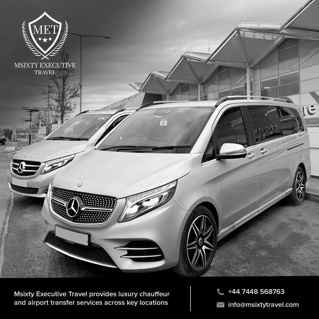 Two luxury 8 seaters Mercedes Viano vehicles at Birmingham Airport, showing the official logo of Msixty Executive Travel in Birmingham